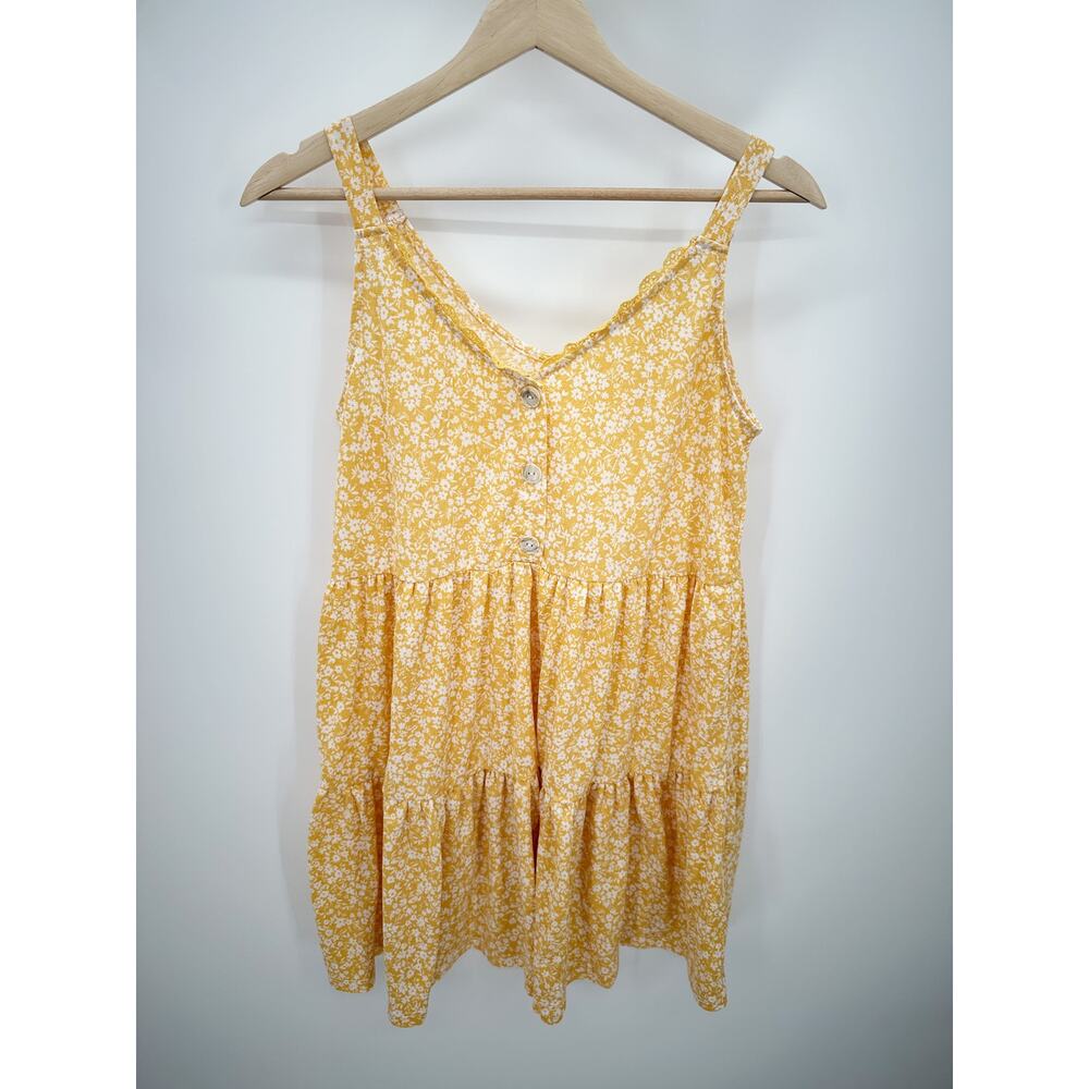 Blu Pepper Yellow Floral Print V-Neck Sleeveless Tiered Mini Dress Women's Small